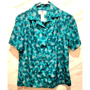 Naturally Yours Teal Blouse Hawaii Pleats Short Sleeves Button Down Size Petite
